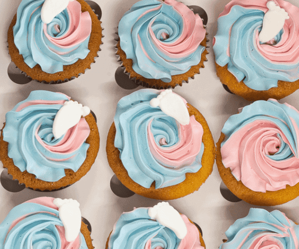 Gender reveal cupcakes.