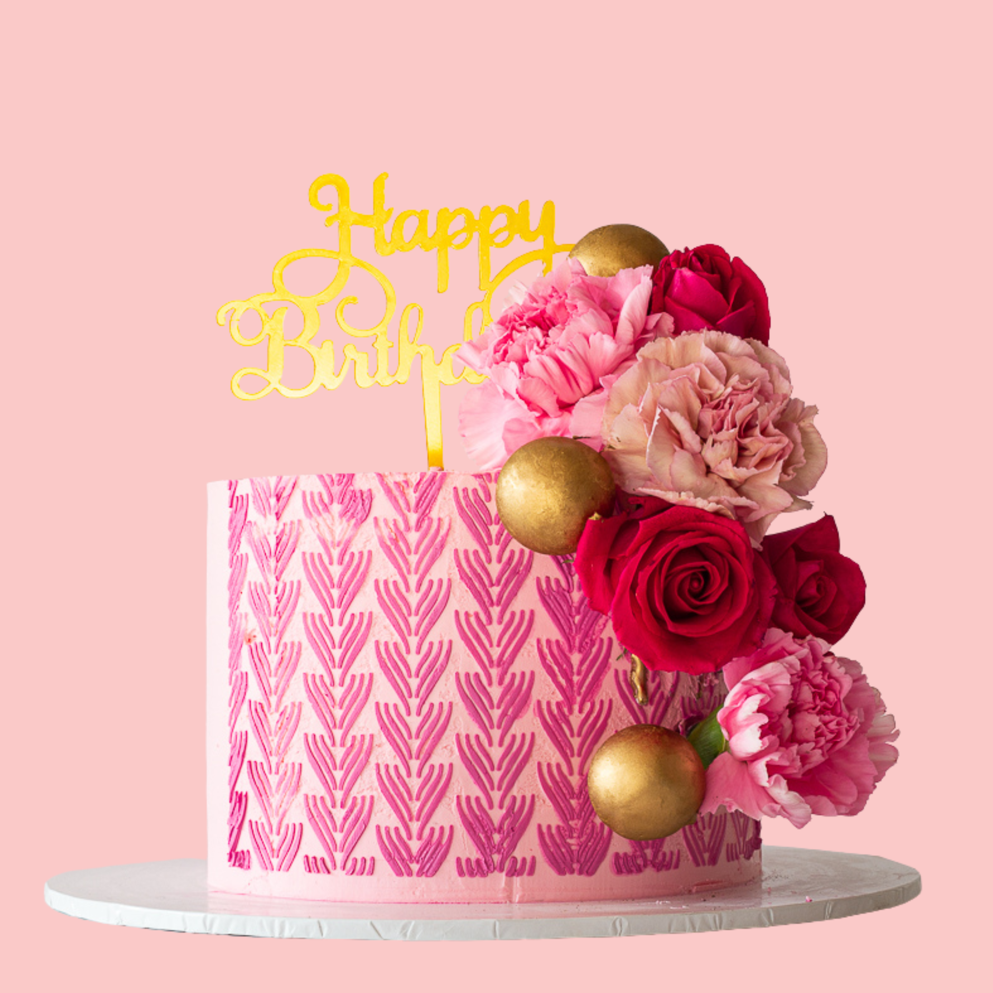 Pink & Gold Floral Birthday Cake with Fresh Roses