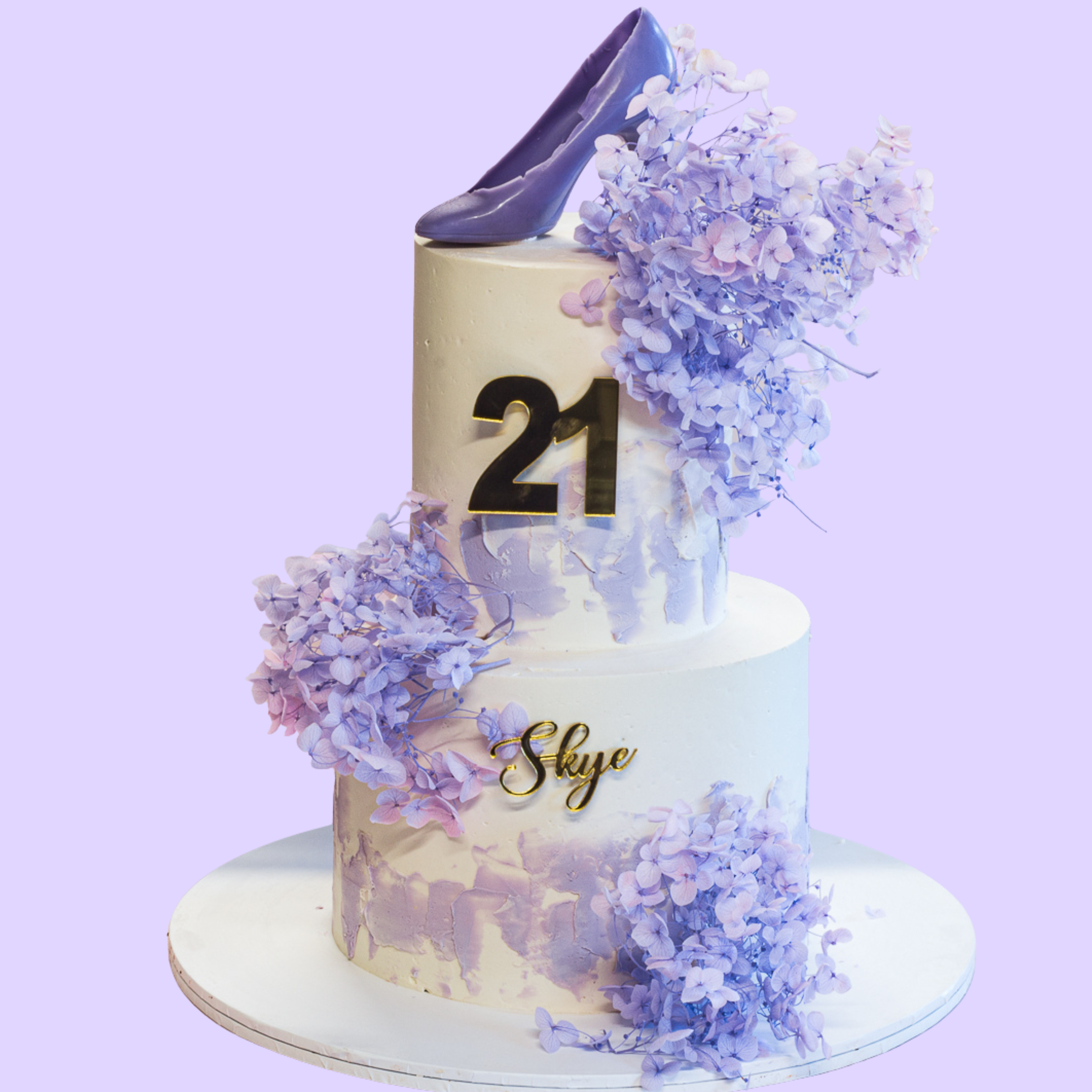 Elegant Purple 21st Birthday Cake with Shoe Topper