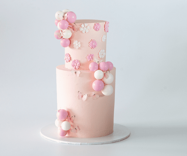 light pink two tier cake